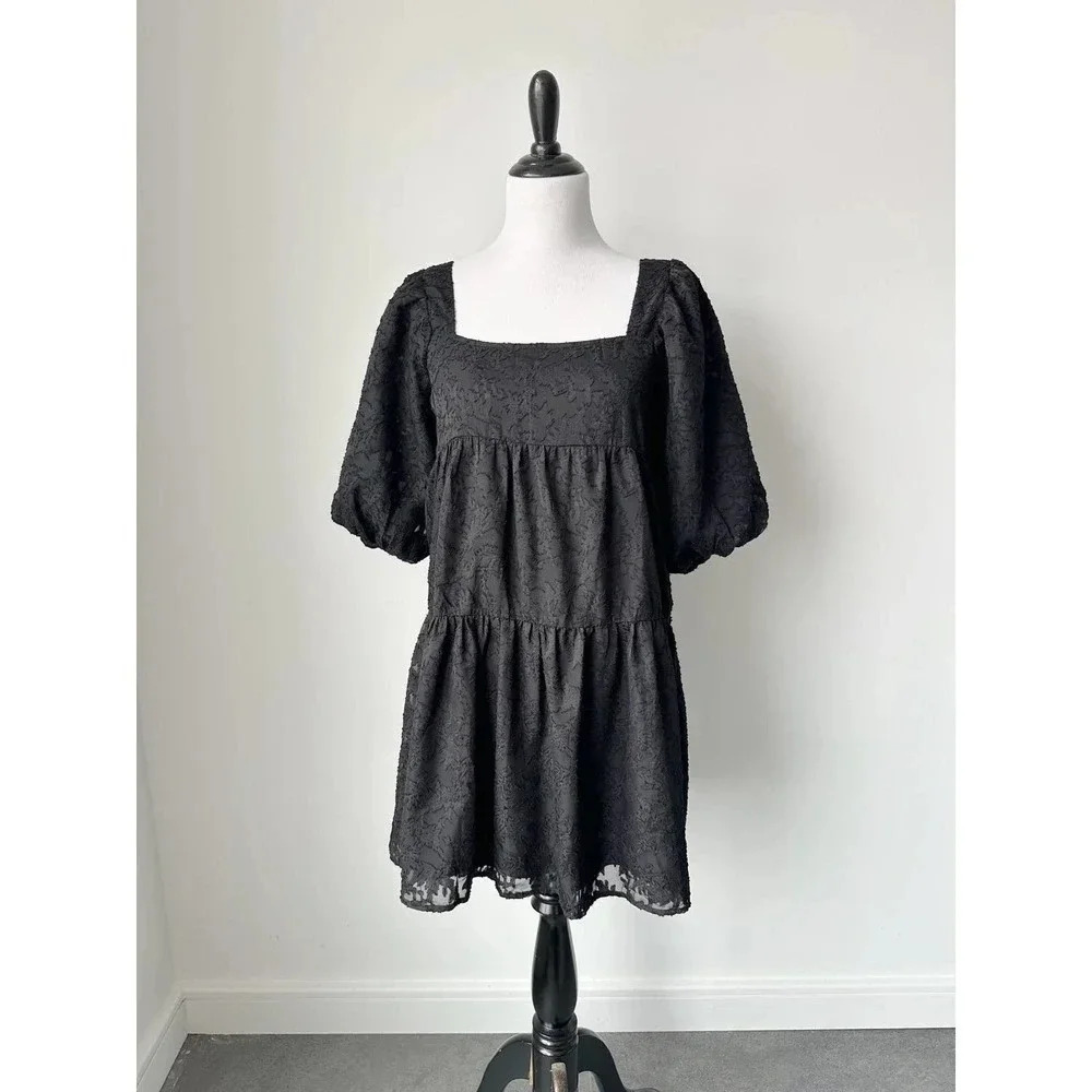 Nordstrom Lush Black Textured Puff Sleeve Mini Dress - Size Small